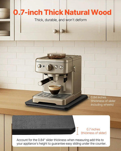 Heavy Duty Kitchen Appliance Slider With Smooth Silent Wheels And Protective Base Lets You Slide Your Coffee Maker Or Small Fridge Around Like Butter For Zero Strain And Maximum Control On Any Countertop Surface In Black 105 X 13 with natural wood and espresso machine