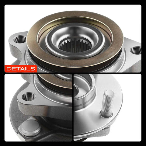 Close-up of Pair Of Front Wheel Bearing And Hub Assemblies For Nissan Versa 2007 2012, showcasing precision parts and steel material.