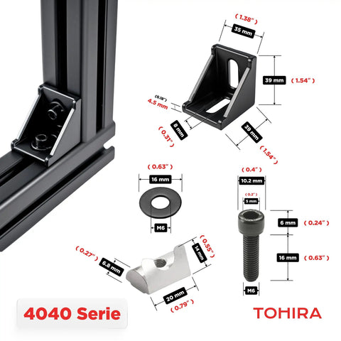 4040 Series Aluminum Extrusion Corner Brackets Black 20 Sets Heavy Duty 90 Degree Angle Connectors With Dimensions Shown