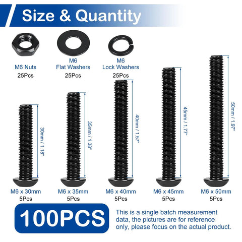 Top Shelf M6 Button Head Socket Cap Screws And Hex Nuts With Washers Assortment Kit Black Metric Hardware 100Pcs in various sizes.