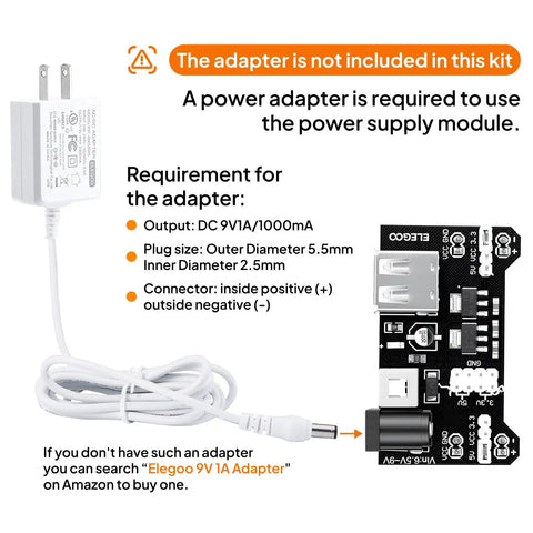 Image showing the power requirements for the Totally Upgraded Electronics Fun Kit With Power Supply Module And Jumper Wires Precision Potentiometer 830 Tie Points Breadboard Compatible With Arduino And STM32 Over 300 Components Tutorials And Datasheet Included.