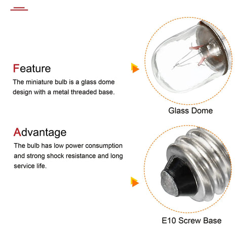 Close-up of Premium E10 Miniature Bulbs 48 Volt 2 Watt Warm Yellow Light Screw Base showing glass dome and metal base.