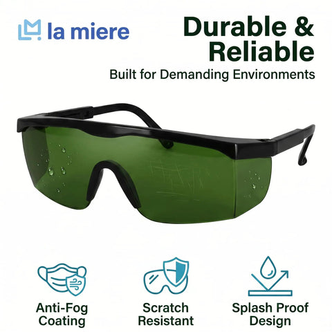 Tough As Nails Laser Safety Glasses Dark Green Anti Fog Coating Polycarbonate Frame For Dental Work 200 Through 2000Nm Beam Protection close-up view with splash resistant features.