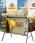 Heavy Duty Two Thirds Seater Patio Swing Cushion Cover Waterproof 600D Oxford Fabric Beige Upgrade For Outdoor Porch Swing Cushions All Weather Ready Easy Slip On Fit For 58 Inch Cushions shown with weatherproof icons.