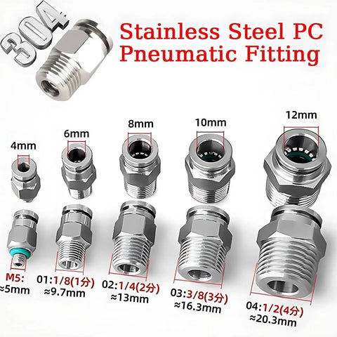 10-Piece Pneumatic Hose Fittings Kit In 304 Stainless Steel, Plug-And-Play Quick Release Air Tube Connectors M5 To 1/2 Inch, 1/8, 1/4, 3/8, 1/2 Sizes, PC6-G03, Built Tough For DIY Projects; stainless steel PC pneumatic fitting sizes 4mm-12mm