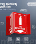 Projecting Fire Extinguisher Sign With Down Arrow, Two Sided Wall Mount Corridor V Sign, Polished Acrylic White On Red, 5x6 Inches
