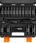 One Half Inch Drive Deep Impact Socket Set, 20 Piece CR V Steel Metric Sockets 10mm Through 24mm, Includes Extension Bars