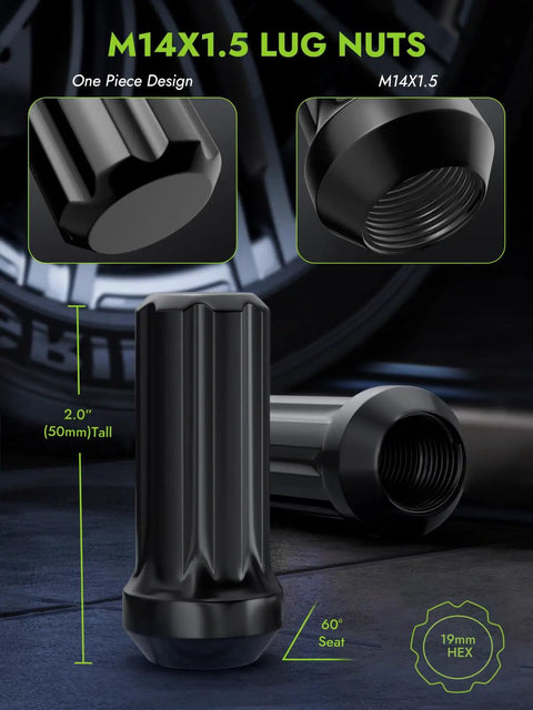 M14x1.5 Lug Nuts, one piece design, 2.0 inch tall, 60 degree seat, part of the Badass Black Spline Lug Nuts For Chevy Rides.