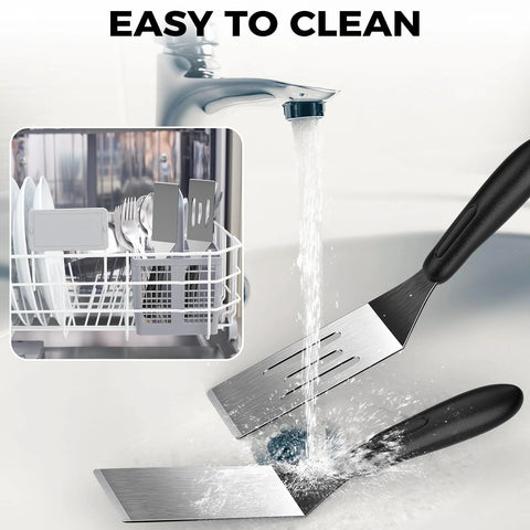 Front view: three-piece stainless steel spatula set with black handles for flipping and serving.