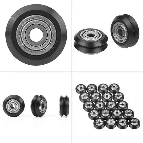 High Grade Pom V Groove Wheel Set With A Snug Five Millimeter Bore And Reliable 625 Bearings, showing 20 black wheels.