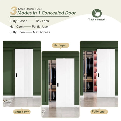 White Concealed Sliding Barn Door Kit Delivers A Slick Glide Ride And No Fuss Assembly displaying fully closed, half open, and fully open modes.