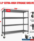 Heavy Duty 2640 Pound Storage Shelves With Wheels, 71 Inch Tall Commercial Garage Shelving Unit displaying extra-high steel 4-tier design with adjustable feet.