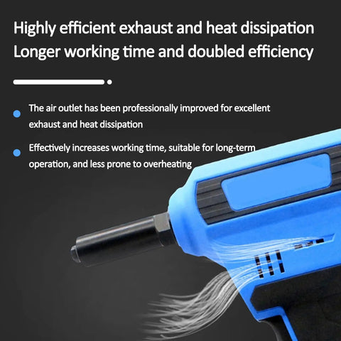 Close-up of the Cordless Brushless Rivet Gun With 20V Battery, showcasing efficient exhaust and heat dissipation ports.