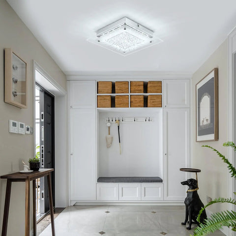 Bright modern hallway with 26 Inch LED Crystal Flush Mount Ceiling Light Fixture, Dimmable 4000K Rectangle Crystal Panels.