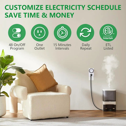 Straightforward Setup 24 Hour Mechanical Plug In Timer With Multiple On Off Cycles Heavy Duty 15 Amp Indoor Outlet Switch for lamps and humidifiers.