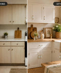 Before and after kitchen transformation featuring 10 Pack Vintage Ceramic Cabinet Pulls Featuring Hella Charming Red Floral Motifs On Creamy White Porcelain Base Coupled With Antique Bronze Zinc Alloy Hardware For Authentic French Country Kitchen Cabinets Drawers And Furniture 96mm Hole Centers.