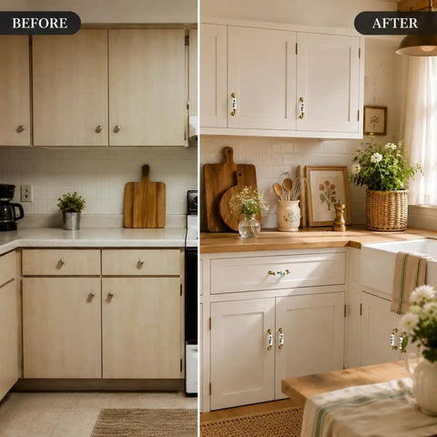 Before and after kitchen transformation featuring 10 Pack Vintage Ceramic Cabinet Pulls Featuring Hella Charming Red Floral Motifs On Creamy White Porcelain Base Coupled With Antique Bronze Zinc Alloy Hardware For Authentic French Country Kitchen Cabinets Drawers And Furniture 96mm Hole Centers.