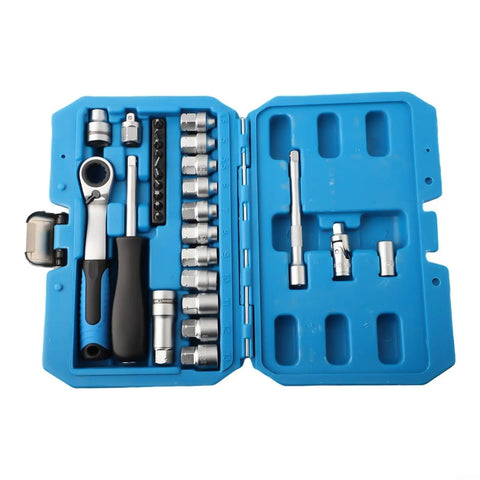 29 Piece Ratchet Socket Wrench Set Made From Heat Treated Chrome Vanadium Steel With Metric Sockets Driver Bits Extensions And Dual Direction Handle in blue case.