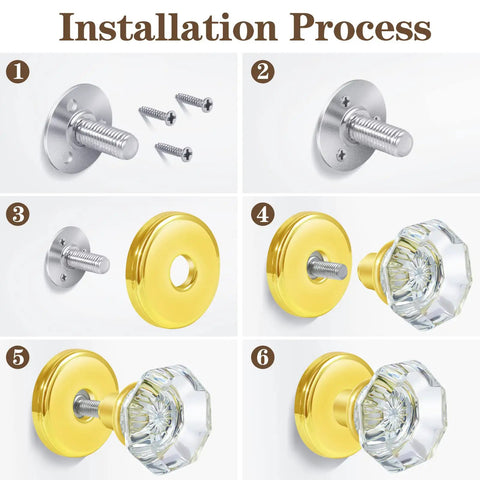 Installation steps for 4 Pack Glass Dummy Door Knobs For Single Side Use, Non Turning Pull Only Door Knob Set In Polished Brass Gold