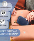 Person placing a wallet in a purse featuring 48 Pieces Hidden Magnetic Snap Closures With A Knockout Grip And Slick Invisible Seam Easy Sew On Magnet Buttons.