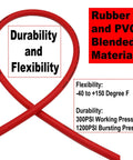 Rock Solid Hybrid Lead In Air Hose 1/4 Inch By 6 Feet 300 Psi Heavy Duty kink proof red hose showcasing durability and flexibility specs.