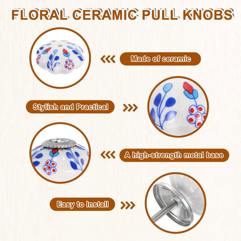 Six Piece Vintage Floral Ceramic Pull Knobs Freakin Gorgeous Red Tulip Drawer Handles showing white ceramic with floral design.
