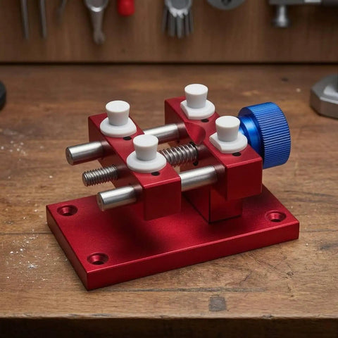 Aluminum Work Holder With Threaded Tightening Screw And Two Sliding Clamps Rock Solid Red Anodized Finish Heavy Duty Workshop Tool For Precise Part Holding And Repair on wooden bench