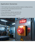 22mm Emergency Stop Push Button With Tough Ip65 Weatherproof Housing And Drop In Ready 2Nc Wiring For No Fuss Panel Install On Factory Gear positioned on equipment panel.
