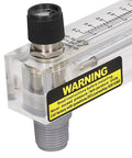 Close-up of Panel Mount Water Flow Meter for PVC Pipe with adjustable knob, 0.2 to 2.0 GPM, threads, and clear display.