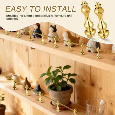 Rock Solid Eight Piece Brass Gallery Rails Kit Featuring Heavy Duty Metal Spindle Connectors And Exact Screw Matchups visible on wooden shelves.