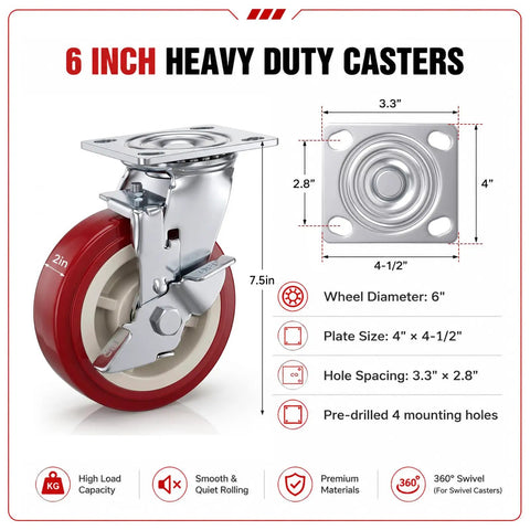 6 Inch Heavy Duty Caster Wheels Set Of Four With Six Inch PVC Treads showing swivel design and detailed dimensions.
