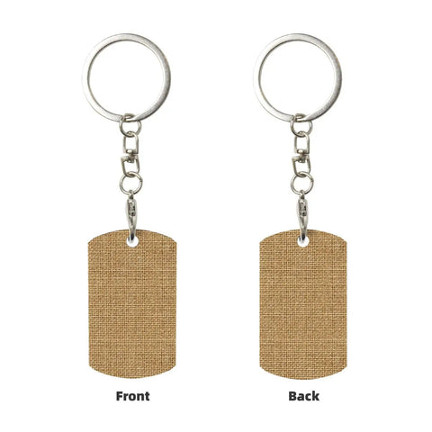 Rock Solid Large Grid Weave Jute Texture Rectangle Plated Metal Keychain Built Tough For Seamless Everyday Carry Gear Crafted From Weather Resistant Aluminum For Men Women showing front and back view.