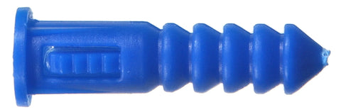Ribbed Plastic Wall Anchors Pack Of 100 In Blue For Concrete Brick Hollow Block Drywall And Plaster Sizes 8 10 12 By One And One Quarter Inch Easy Installation Pre Drilling Required Screws Not Included. Close-up of a blue ribbed anchor for masonry applications.