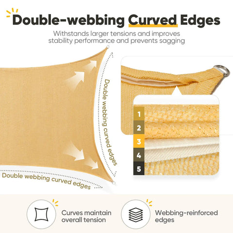 Double-webbing curved edges of 24x24 Ft Large Oversized 185G HDPE Square Sun Shade Sail Canopy With 98 Percent UV Block.
