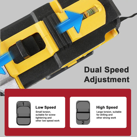 Heavy Duty Cordless Electric Drill Kit Loaded With Dual 21V Lithium Batteries Straight Up Variable Speed Control showing dual speed adjustment settings for precision and power.