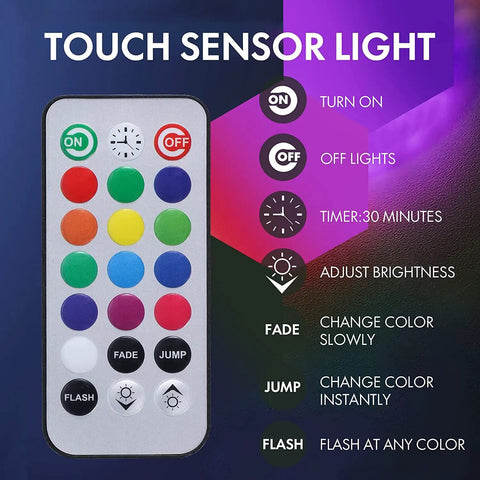 Remote Control Hexagon Wall Light Kit, showing touch-sensitive remote control with color and brightness options.