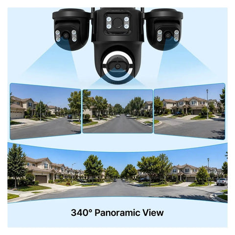 Knockout Quality Outdoors Wireless Security Cam Featuring Sharp AI Human Detection And Crisp 720P HD Video, showing 340° panoramic view.