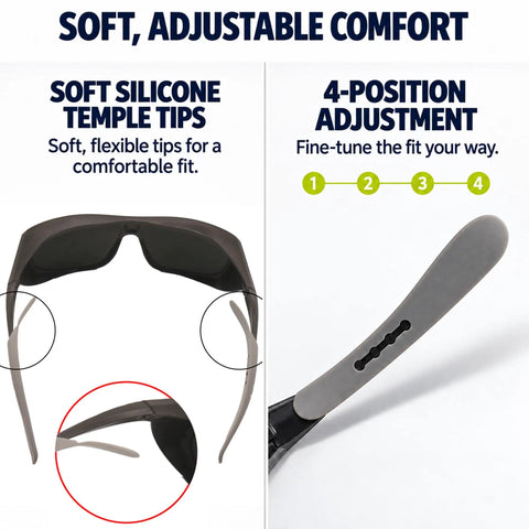 Game Changers Multi Wavelength Laser Safety Glasses with soft silicone temple tips for adjustable comfort and fit.