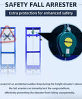 Safety fall arrester for freight elevator, blue frame, enhances safety to prevent falls during operation.