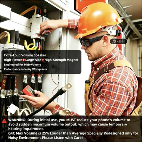 Bluetooth Safety Glasses With Photochromic Lenses And Crisp Clear Audio For The Daily Grind Rechargeable Led Work Eyewear With Twenty Hour Battery Life Tr90 Frame Ansi Certified Smart Audio Sunglasses Built Different worn by a worker in a helmet fixing electrical equipment.