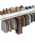 Kick Floor Clutter To The Curb With These Heavy Duty Wall Mounted Closet Shelves Featuring A Ventilated Metal Wire Rack And Sturdy Hanging Rod For Seamless Vertical Organization Setup with clothes, hats, and bags organized.