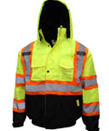 Hi Vis Bomber Workwear Jacket For Outdoorsmen, ANSI Class 3 High Visibility Neon Lime Waterproof With 2 Inch Reflective Taping Front Back And Sleeves, Heavy Duty Safety Coat For Construction And Trades, Size Large - Front view