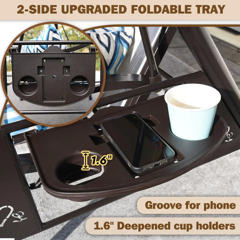 Two-side upgraded foldable tray of Three Person Outdoor Patio Swing With Adjustable Canopy, Upgraded Cup Holders.