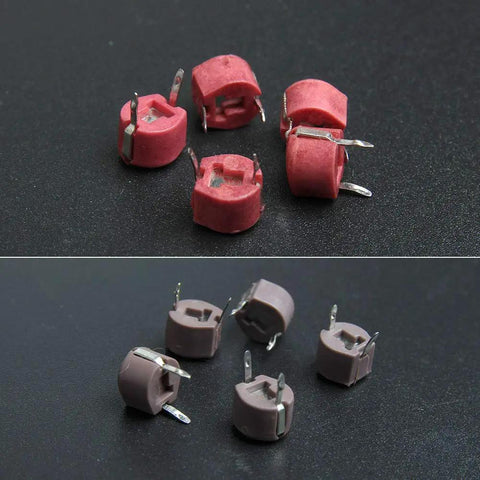 Awesome 45 Piece 6Mm Trimmer Capacitor Kit featuring red and brown capacitors for radio circuit adjustments.