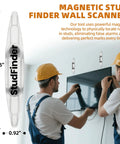 Beat The Guessing Game With This Solid Magnetic Stud Finder That Pins Drywall Nails Dead On Uses Zero Batteries And Delivers Rock Solid Accuracy For Every Weekend Warrior, displayed with measurements next to two workers mounting a TV.
