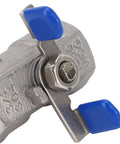 Close-up of Rock Solid 3/4 Inch Stainless Steel Ball Valve With Female Thread Pipe Fitting, easy turn handle, heavy duty design.