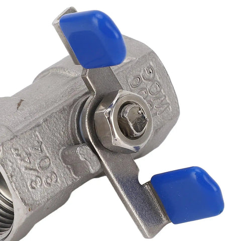 Close-up of Rock Solid 3/4 Inch Stainless Steel Ball Valve With Female Thread Pipe Fitting, easy turn handle, heavy duty design.