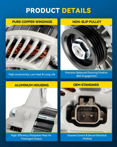 Built Tough Alternator Fits 2003 Through 2005 Chrysler Pt Cruiser 2.4L And Dodge Neon 2.0L showing pure copper windings and aluminum housing.