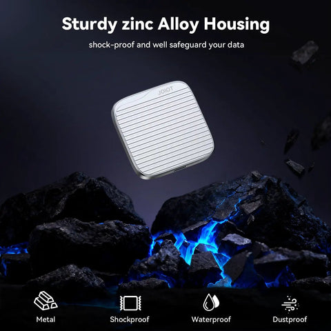 Magnetic External SSD With USB 3.2 Gen 2x2 Up To 2000MBps metal enclosure showcasing shockproof and waterproof features.