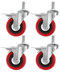 Heavy Duty 3 Inch Swivel Caster Wheels With Threaded Stem Rods 4 Pack Ultra Sturdy Load Rating, showing stainless steel and red wheels.